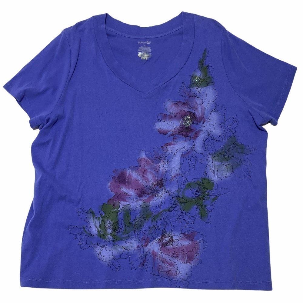 ST, John's Bay Blue Floral Graphic Print Short Sleeve V-Neck T-Shirt